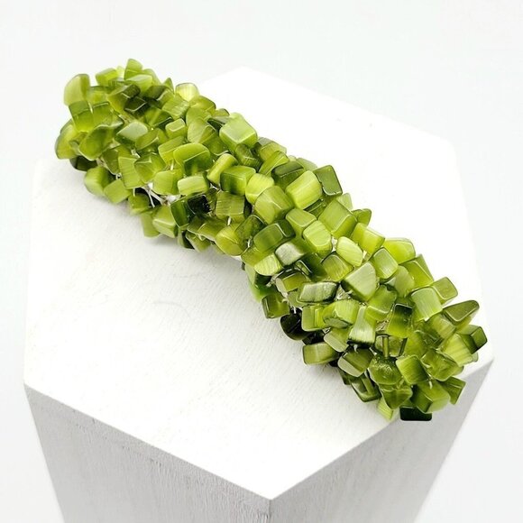 Artisan Olive Green Cat s Eye Chip Bracelet Glass Beads Handmade Boho Army Green - Picture 7 of 10